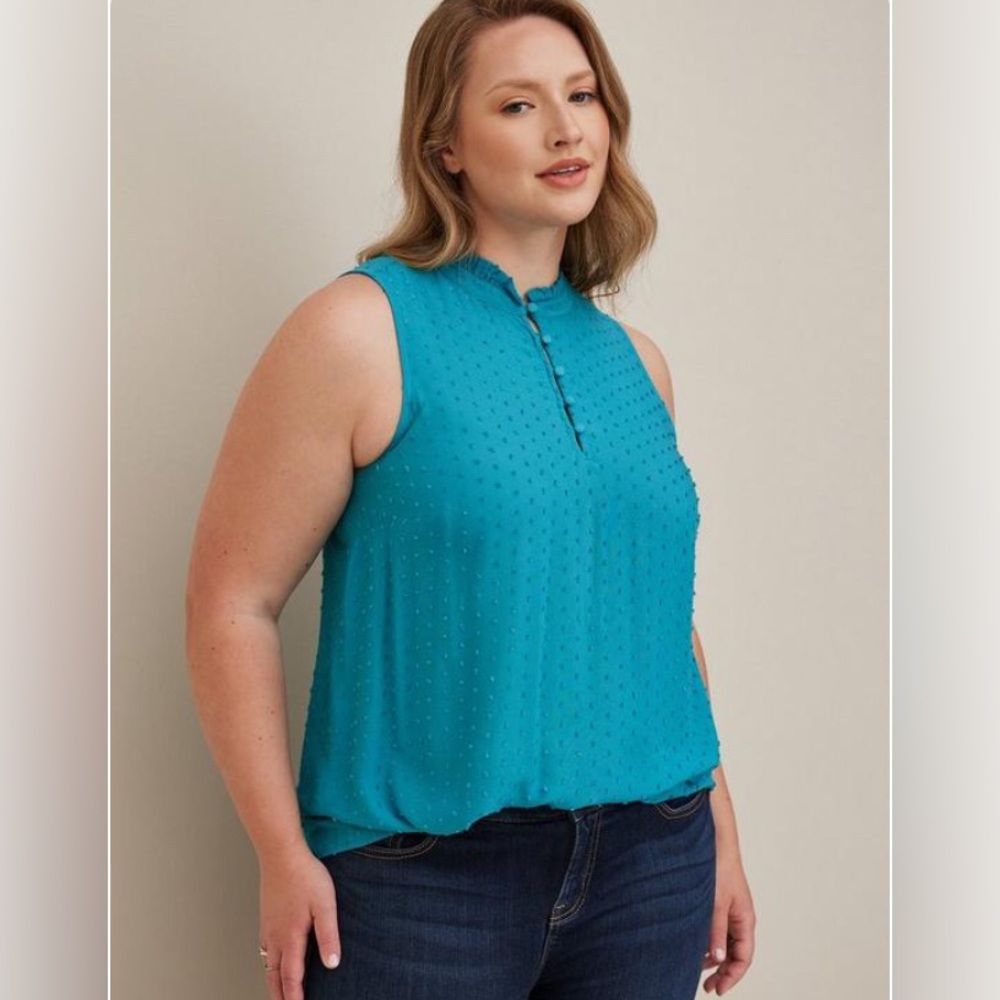 Torrid 4 Sleeveless Top Swiss Dots Ruffle Trim Turquoise Blue Button Front 4XL